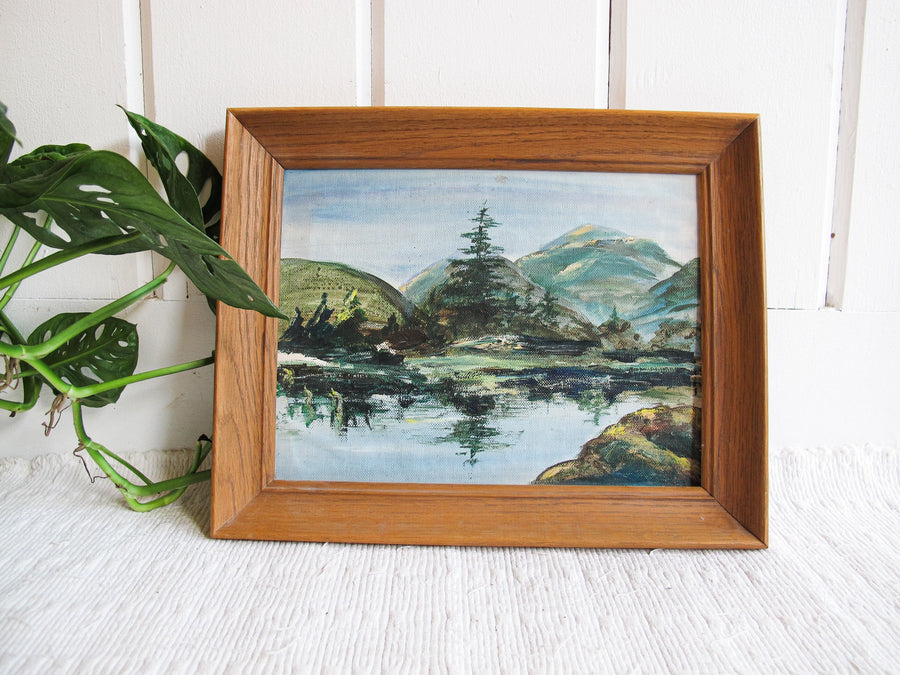 Mountain Lake Landscape Painting with Original Wood Frame