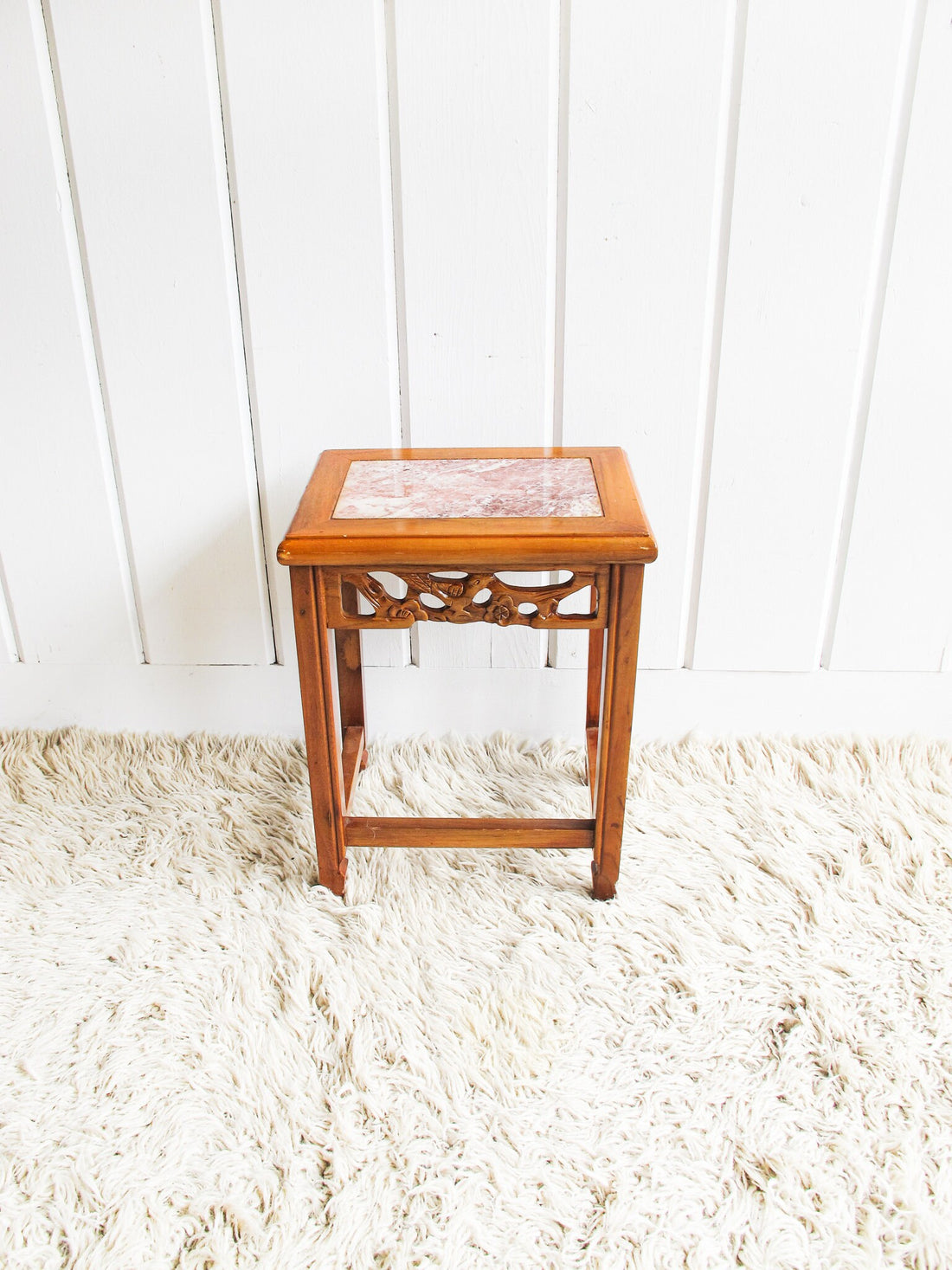 Wood Plant Stand / Side Table with Pink Marble Top