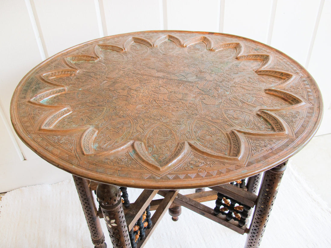 Mixed Metal Copper Top Tray Table with Folding Wood Legs with Inlay