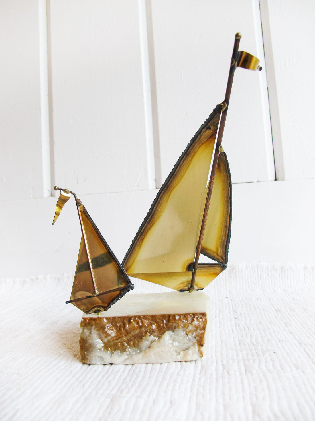 Brass Boat Sculpture on Geode Stone Base Curtis Jere Style