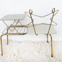 Midcentury Atomic Telephone Bench with Brass Flashed Metal Base and White Naugahyde