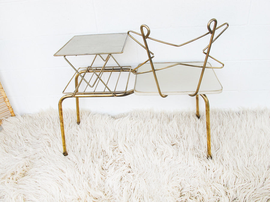 Midcentury Atomic Telephone Bench with Brass Flashed Metal Base and White Naugahyde