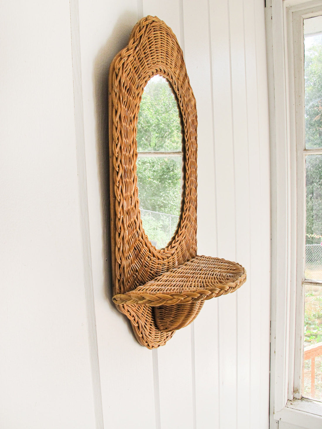 Wicker Wall Mirror with Tray Made by Quon Quon