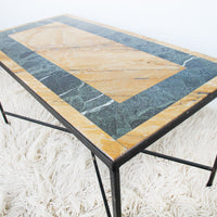 Cast Iron and Marble Coffee Table with Inlay Top in Gold and Green
