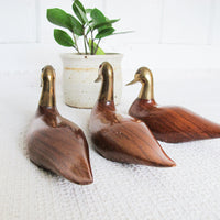 Wooden Duck Statues with Brass Heads Set of Three