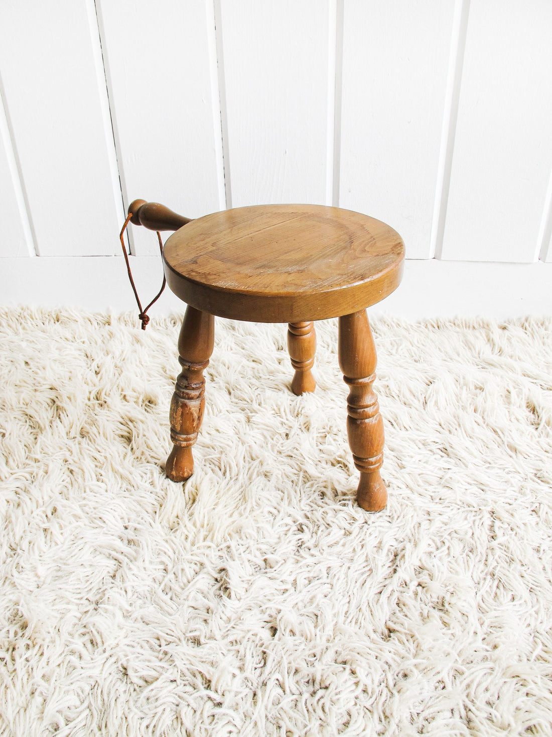 Wood plant Stand Milk Stool with Leather Handle