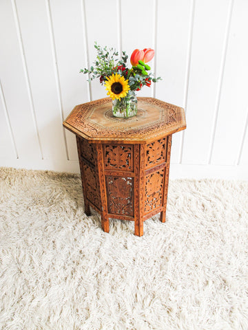 Carved Teak Wood Hexagon Side End Table Plant Stand