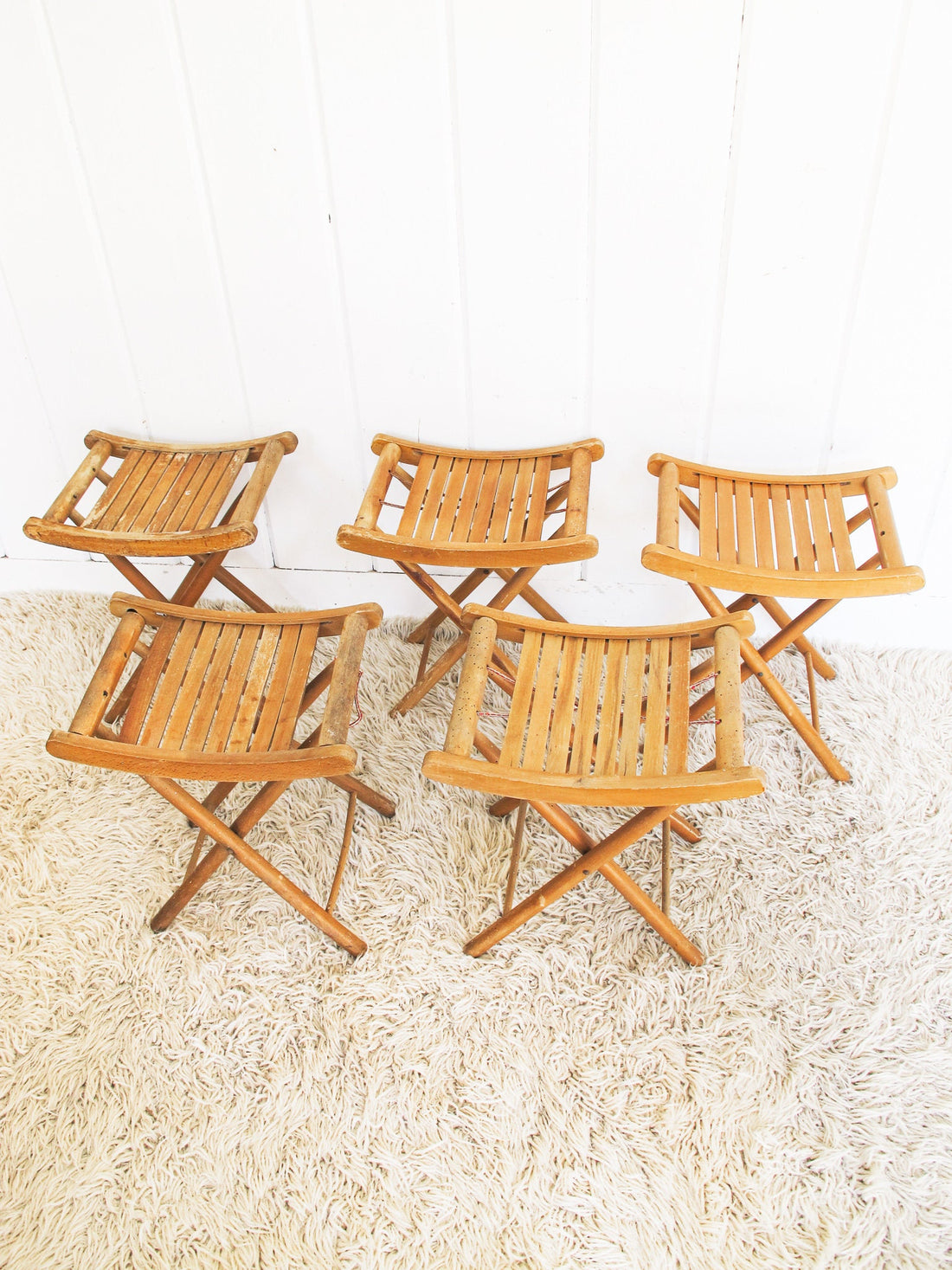 Slatted Folding Wood Camp Stool (5 Available and Sold Separately)