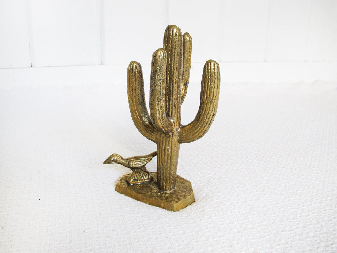 Brass Saguaro Cactus and Roadrunner Sculpture Statue
