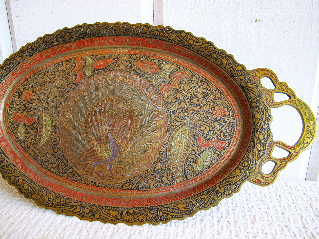Vintage Etched Brass Tray With Pie Crust Edging