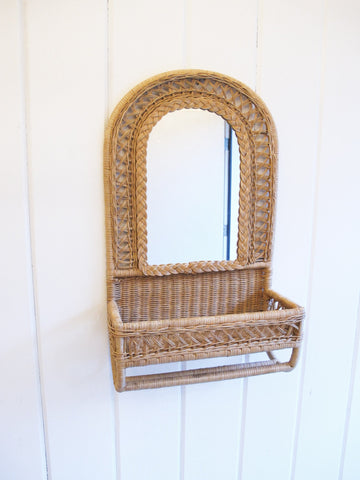 Wicker Wall Mirror with Storage Basket and Rack