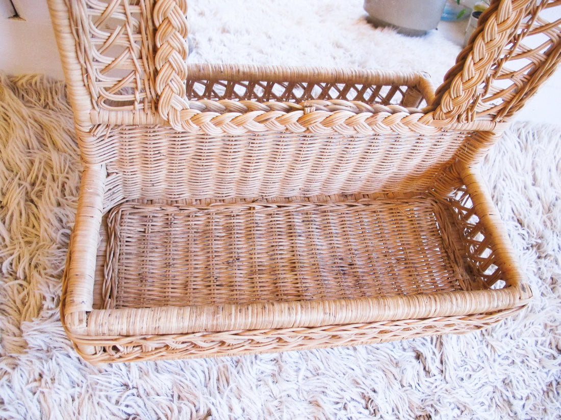 Wicker Wall Mirror with Storage Basket and Rack