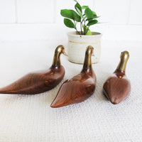 Wooden Duck Statues with Brass Heads Set of Three