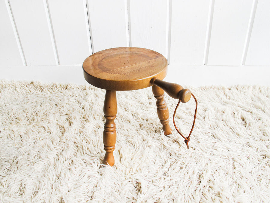 Wood plant Stand Milk Stool with Leather Handle