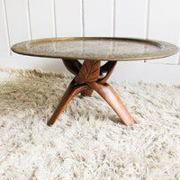 Enameled Brass Tray Table with Folding Wood Legs