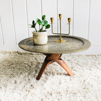 Enameled Brass Tray Table with Folding Wood Legs