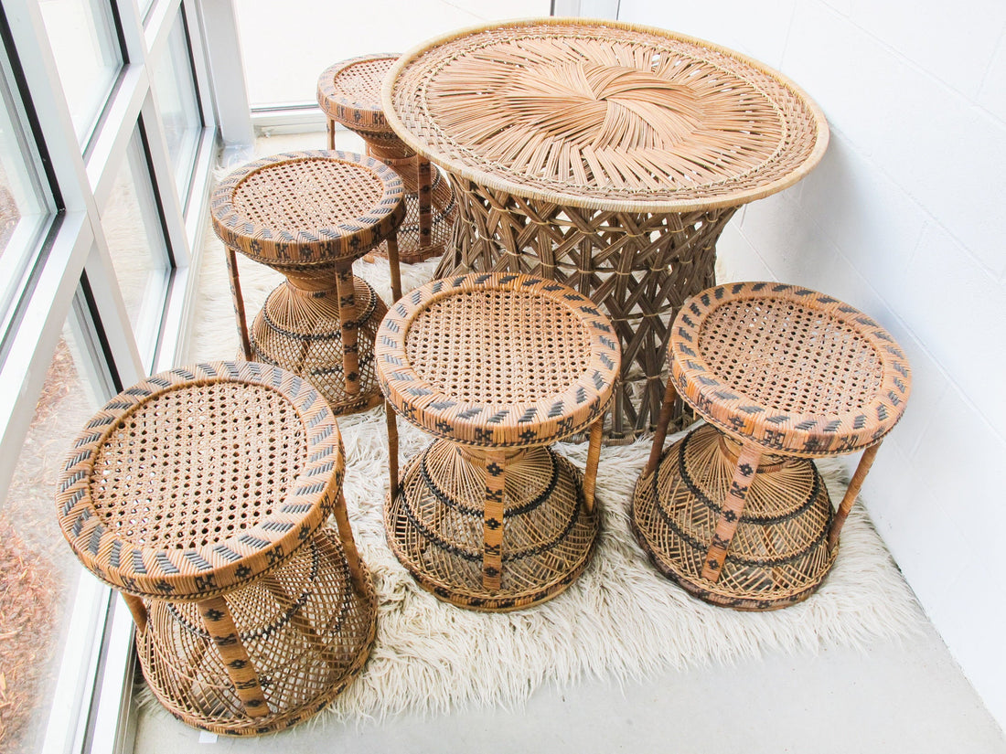 Rattan Table with Five Stools Made In Japan