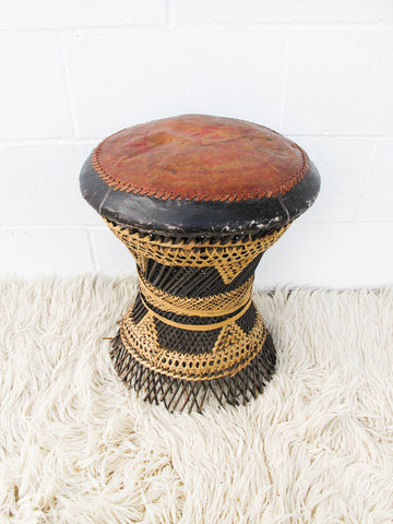 Woven African Drum Stool with Leather Seat