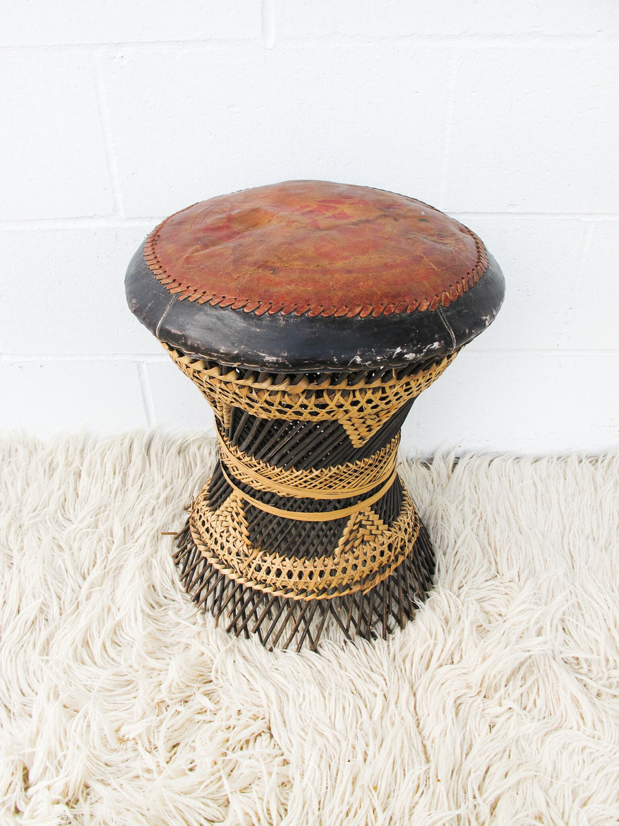 Woven African Drum Stool with Leather Seat