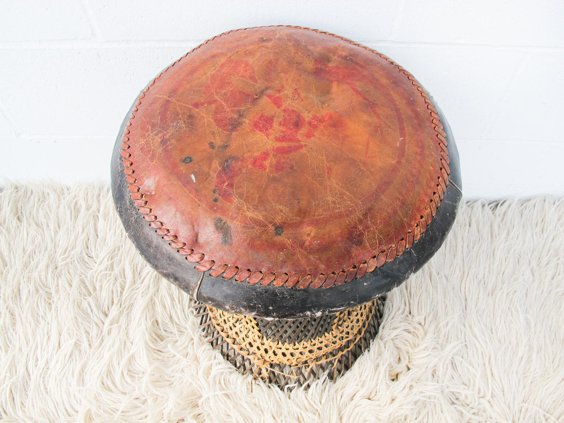 Woven African Drum Stool with Leather Seat