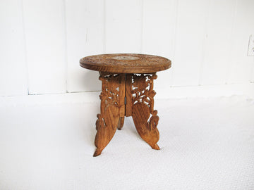 Medium Hand Carved Bohemian Vintage Sheesham Teak Rosewood Indian Accent Table with Folding Legs