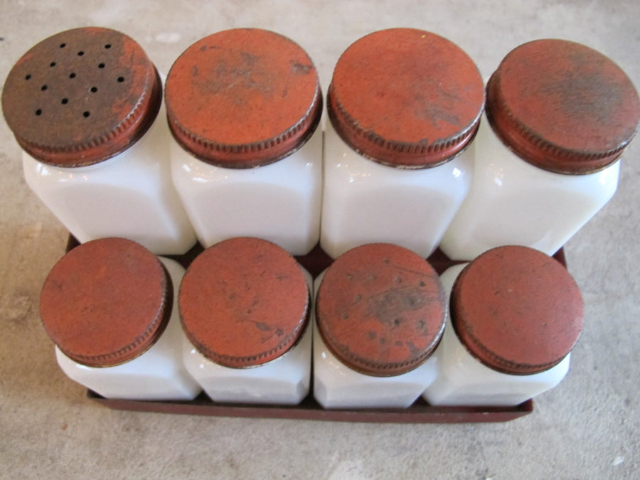 Vintage Set of 8 White Glass Spice Jars with Distressed Red Metal Lids and Rack