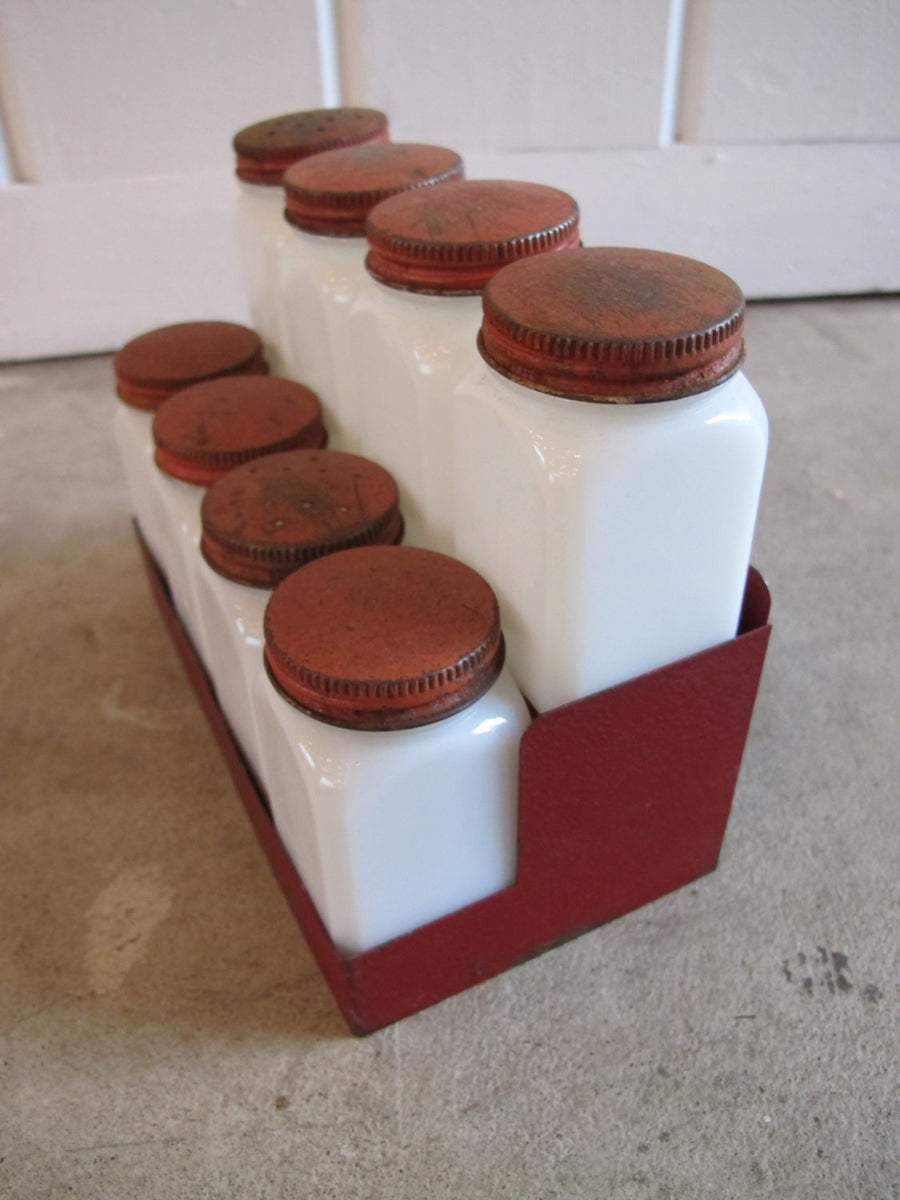 Vintage Set of 8 White Glass Spice Jars with Distressed Red Metal Lids and Rack