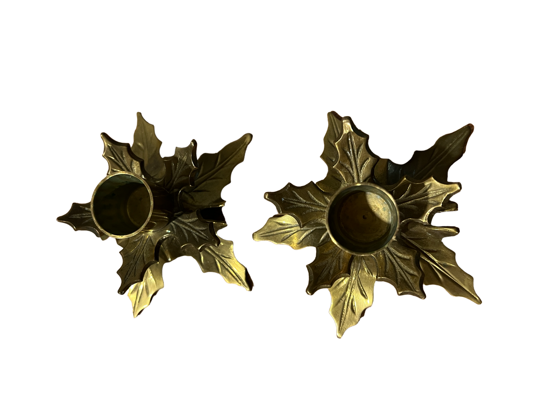 Brass Holly Holiday Leaf Candle Holders (Sold Individually)